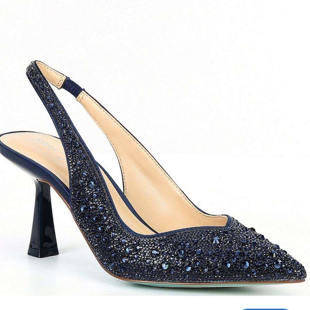 Betsey Johnson Blue Rhinestone sling back heels kitten pumps evening size 6